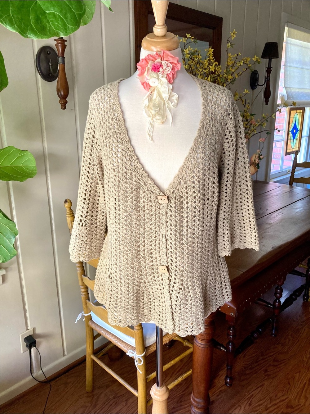 Neutral Crochet Open-Weave Women's Cardigan Sweater